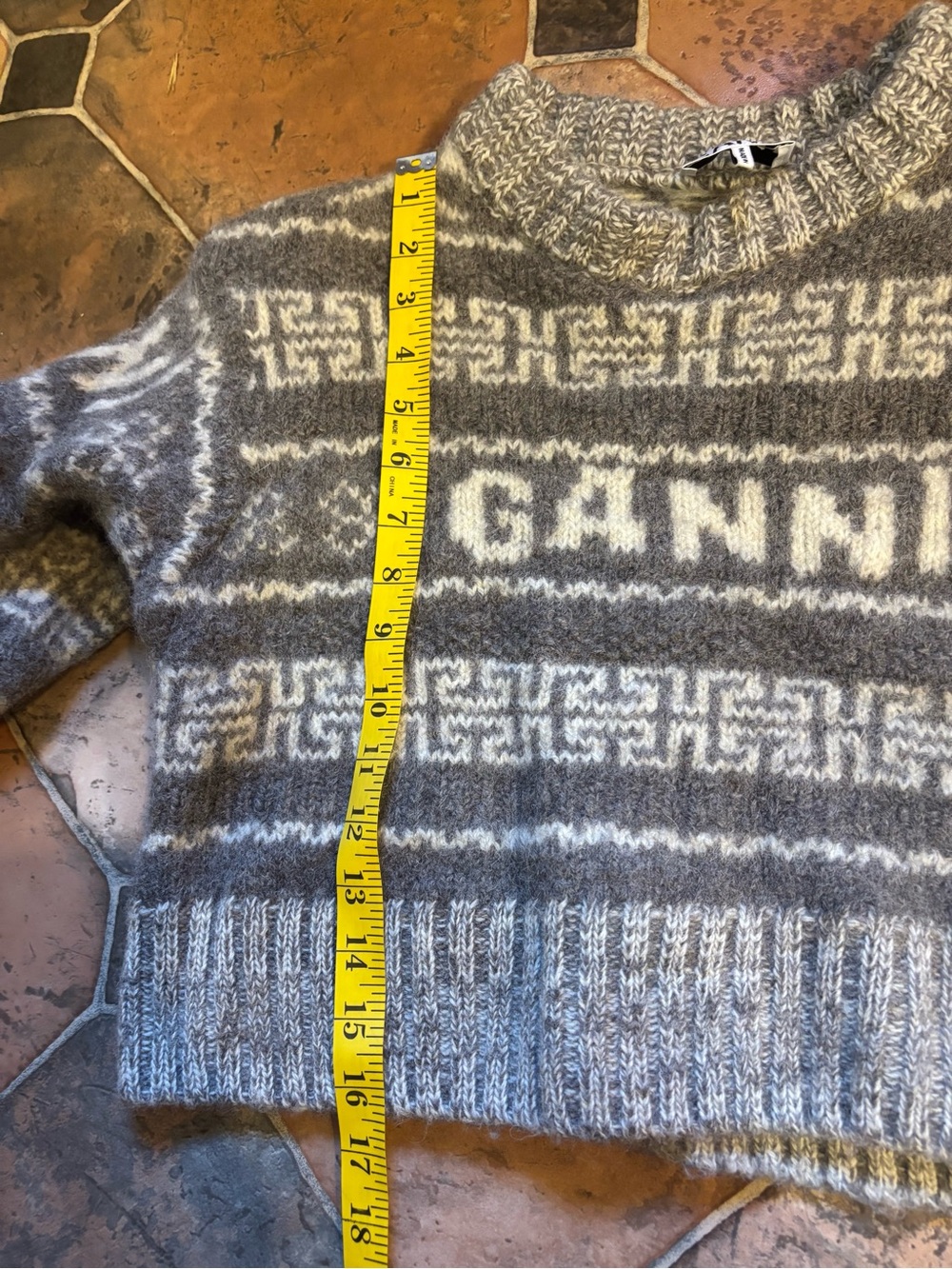 GANNI Grey Organic Wool Logo Knit Cropped Fair Isle Sweater S - Picture 12 of 16